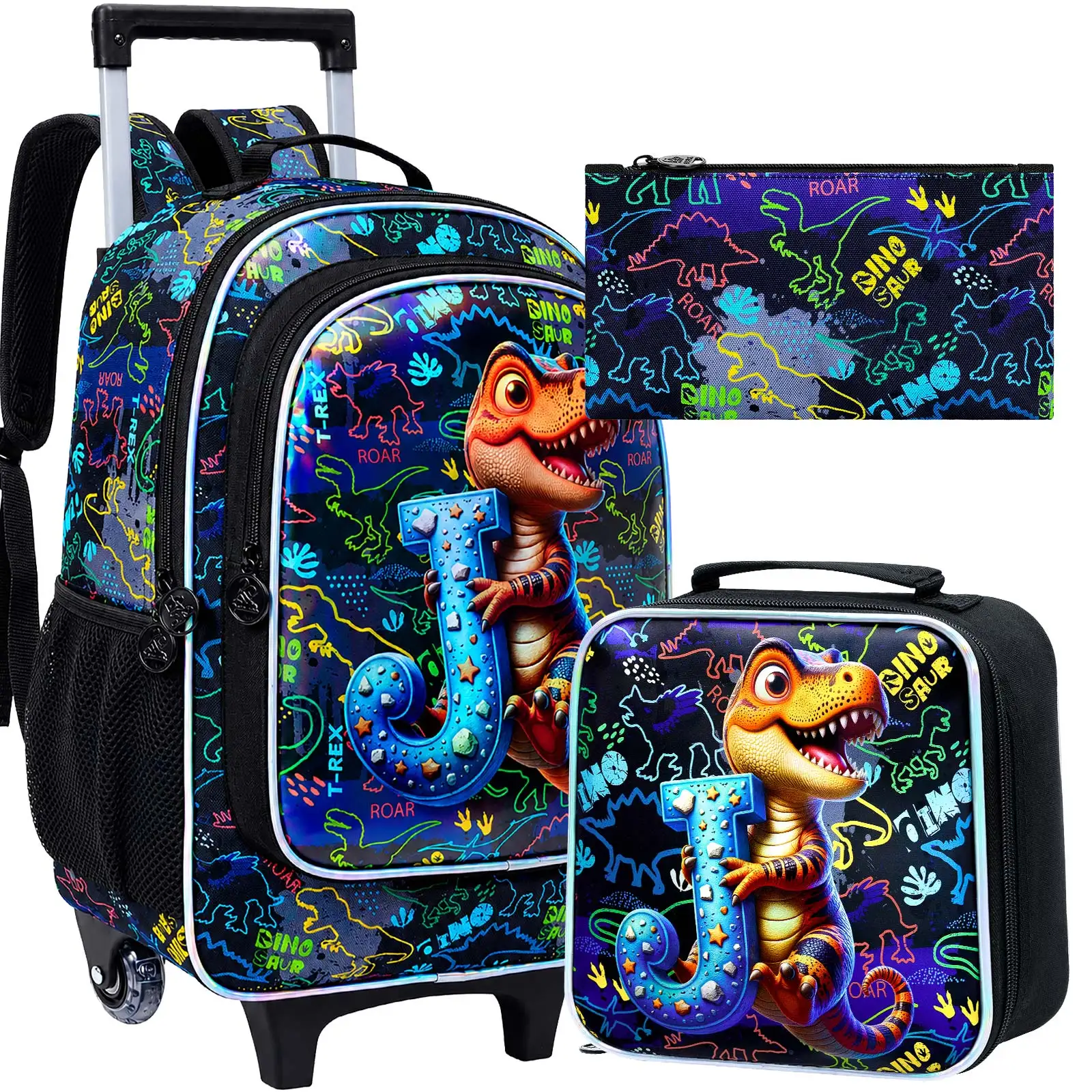 3PCS Dinosaur Letter J Roll Backpack Set, Kids Wheeled School Bookbag with Handbag & Pencil Case