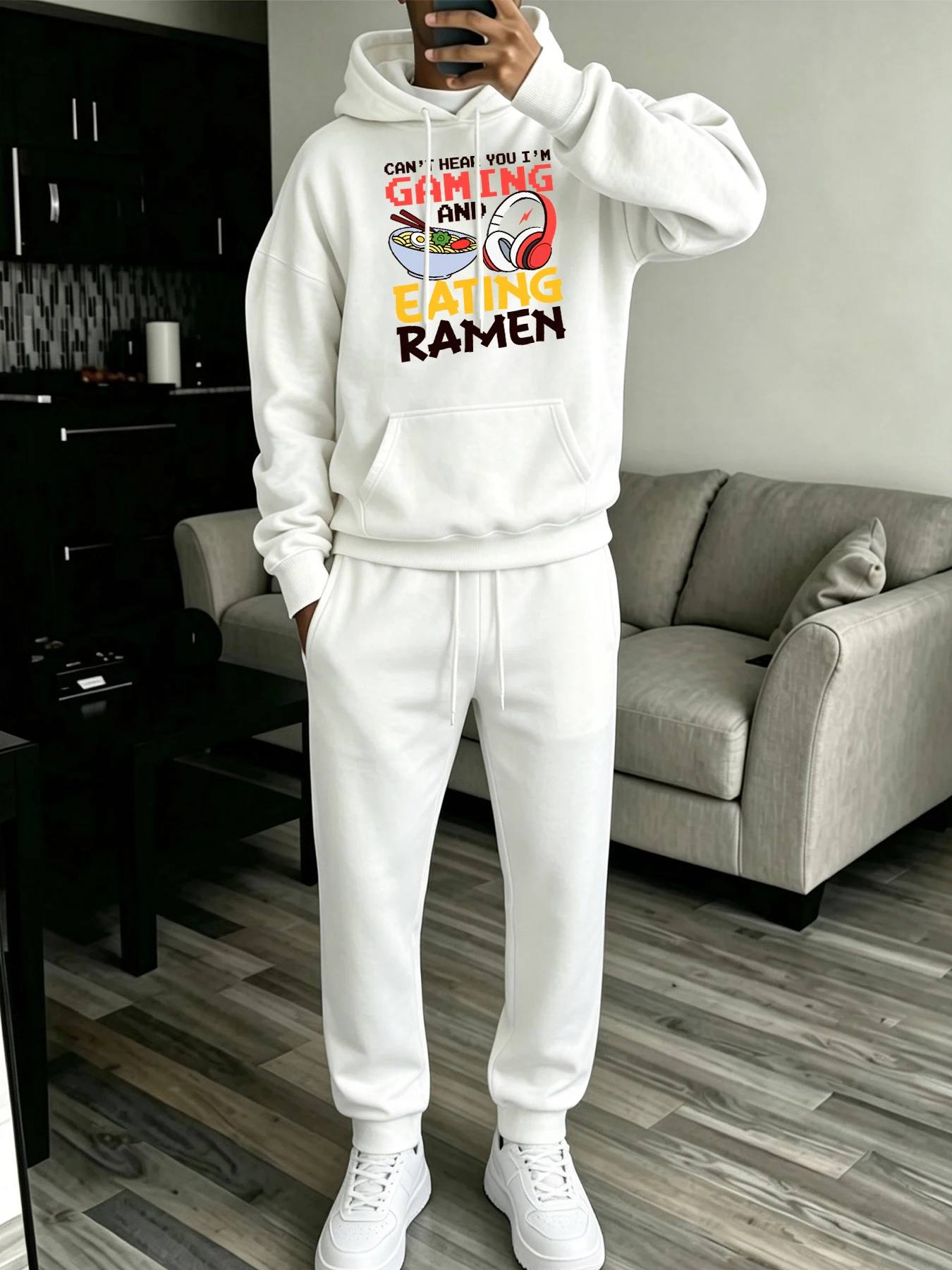 Gaming Eating Ramen Headset Print Fleece Clothing Men Sport Pocket Hoodie Set Autumn Casual Sweatpants Comfy Drawstring Pants