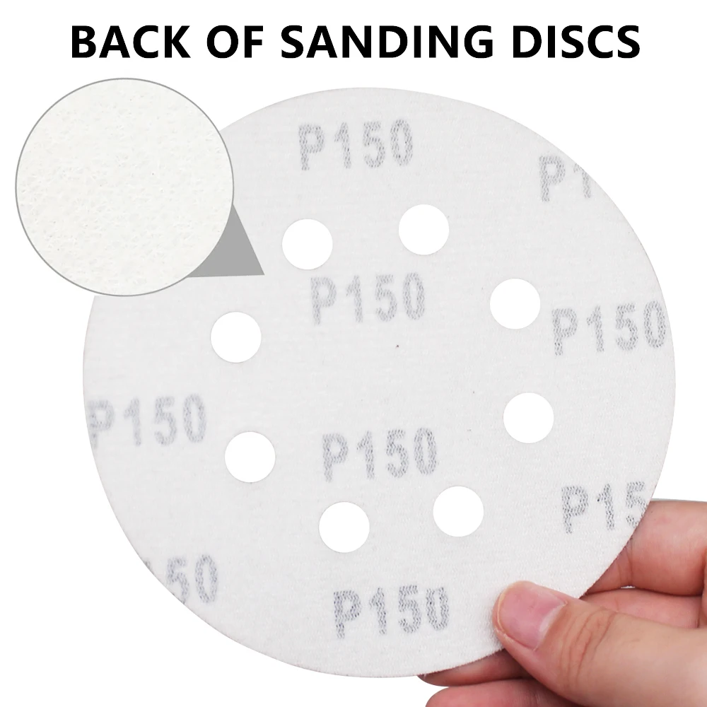 20 قطعة أقراص صنفرة 5 بوصة 8 فتحات 150 فريك بدون غبار بخطاف وحلقة أقراص ورق الصنفرة من أكسيد الألومنيوم المستديرة