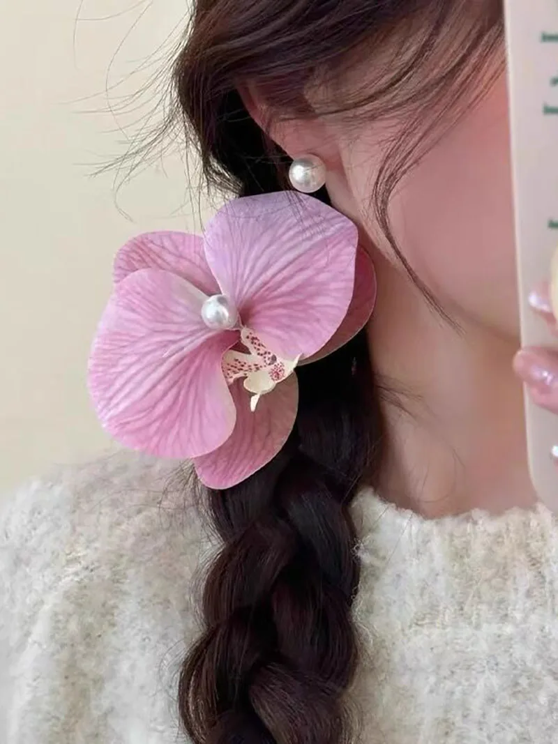 New Women Artificial Orchid Flower Pearl Hair Clips Side Clips Hairpin Beach Vacation Headwear Girls Festival Hair Accessories