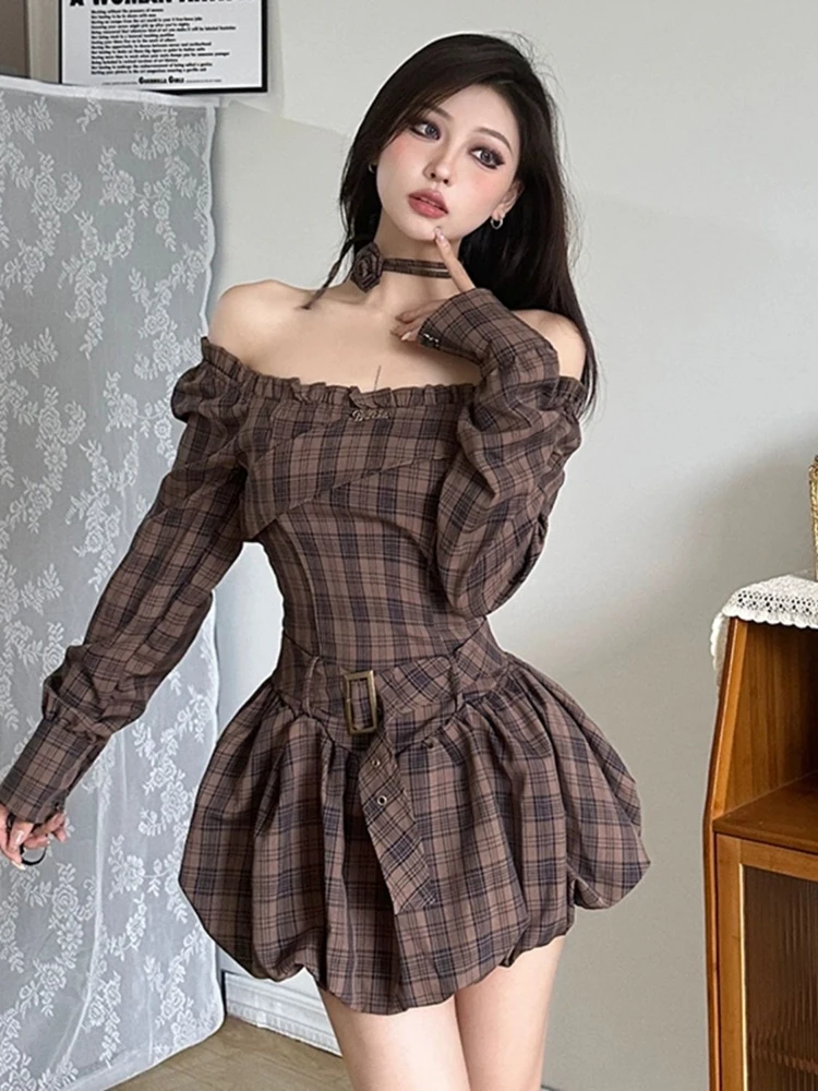 GIDYQ Sexy Slash Neck Belt Mini Dress Women Harajuku Vintage Plaid Slimming Waist Short A Line Vestidos Y2k Streetwear Dresses