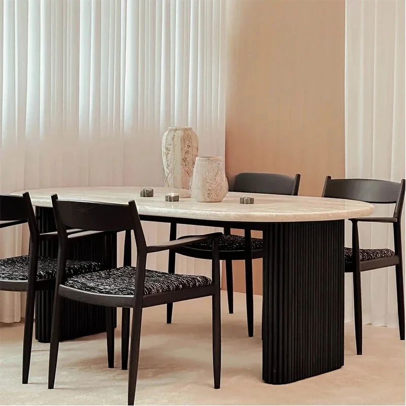 

Medieval solid wood Roman column natural travertine wabi wind dining table oval household, high-end dining table9344