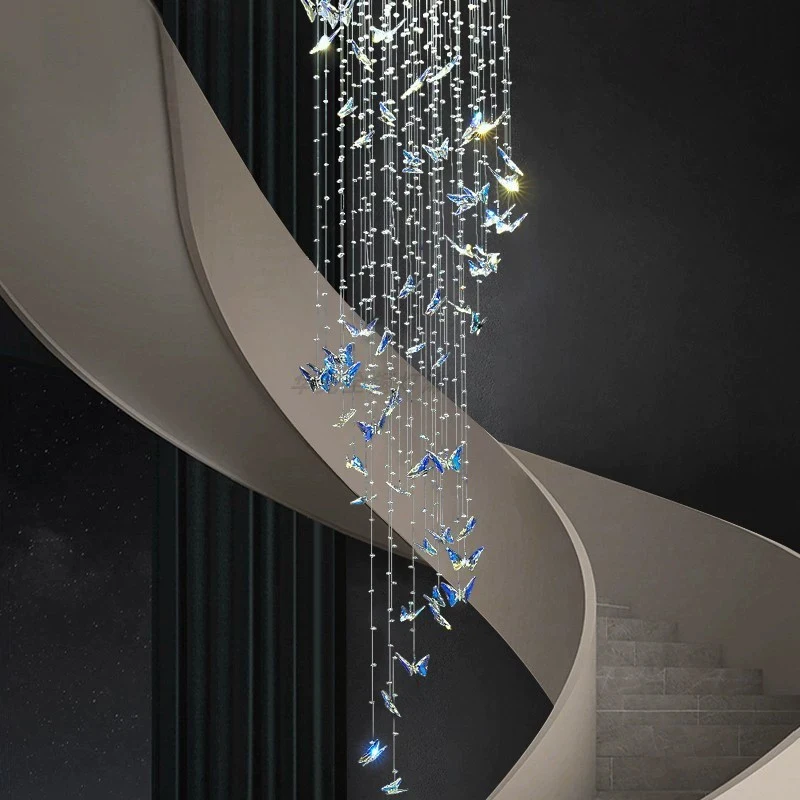 Nordic Style Modern Luxury Chandelier Lamp Artistic Glass Crystal with Sparkling Butterfly Design High Ceiling Long Shape