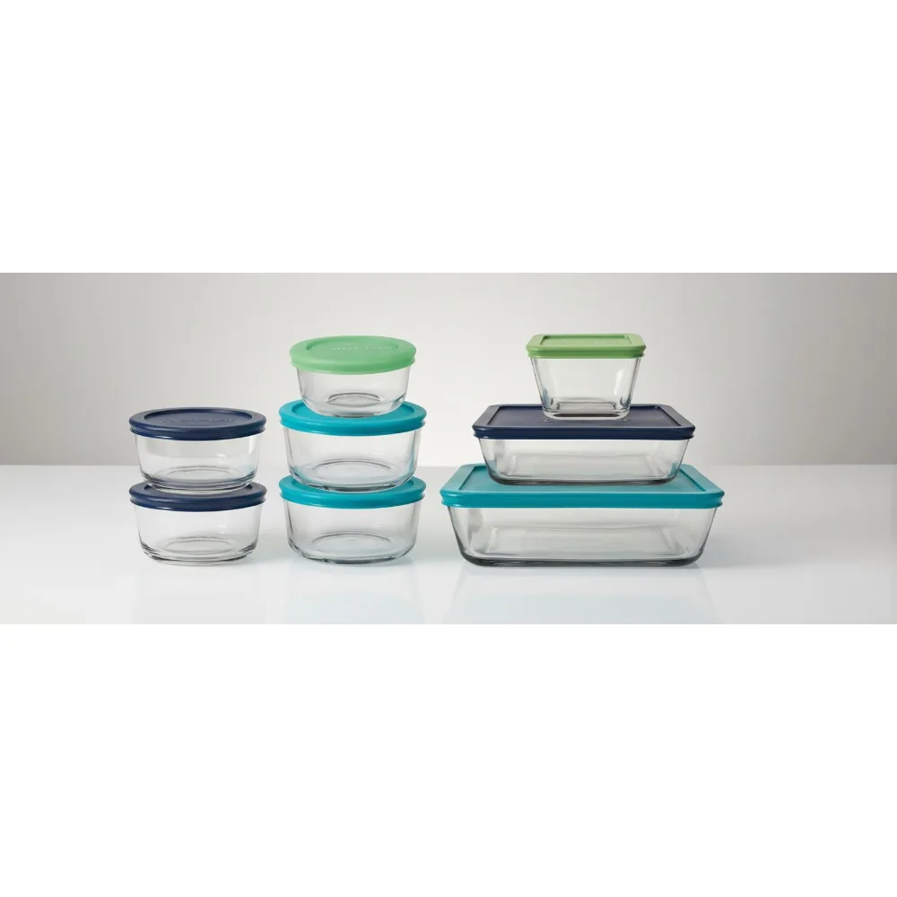 

Набор стеклянных контейнеров для хранения продуктов питания из 16 предметов с синими крышками — можно использовать в микроволновой печи, духовке и в посудомоечной машине