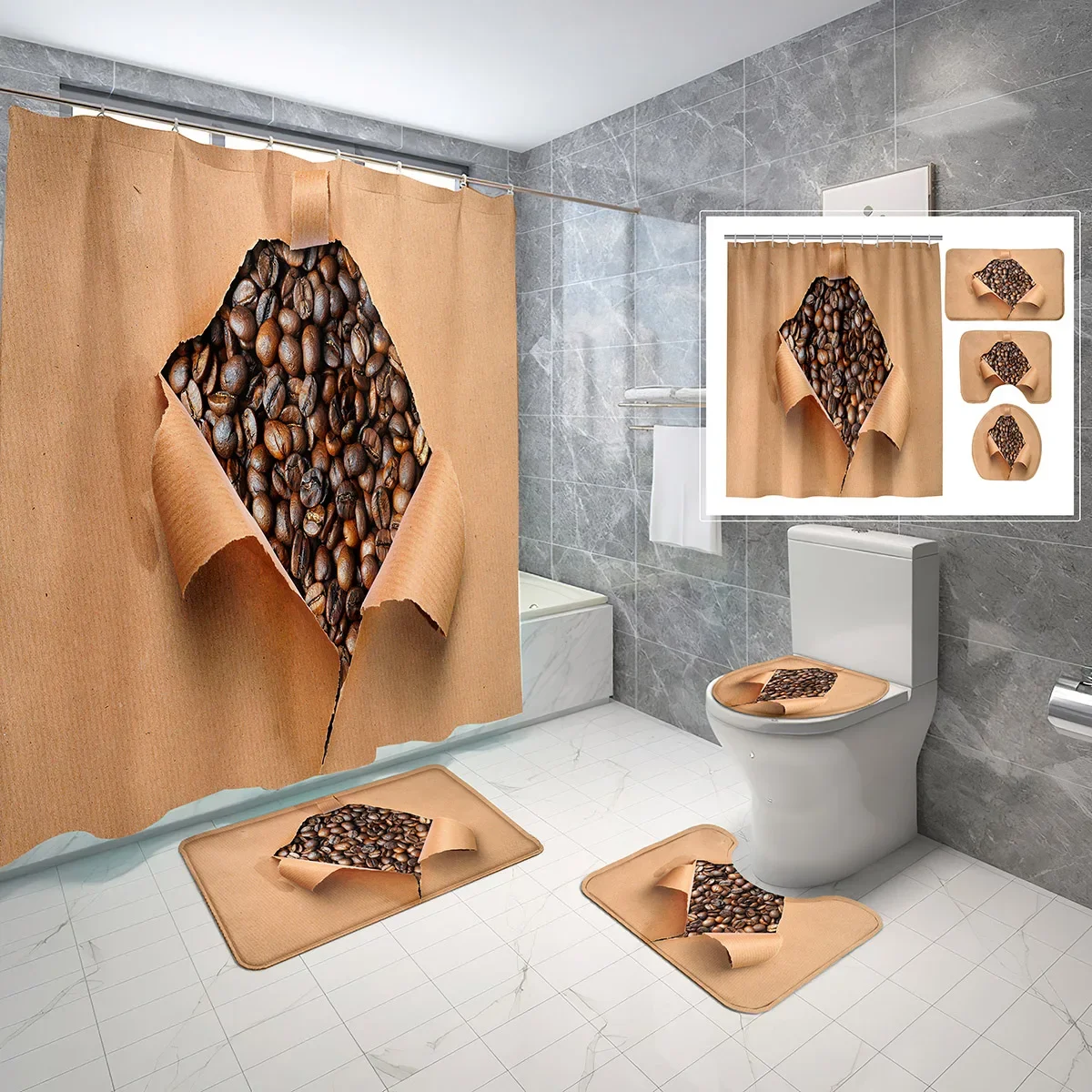 4 Sets Coffee Shower Curtain Sets with Non-Slip Bath Mat,Toilet Lid Cover and Creativity Black Coffee Beans Shower Curtain Set