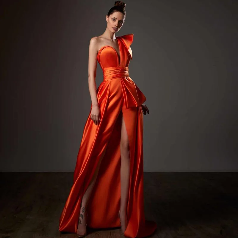 One Shoulder A-line Satin Prom Dresses With Slit Orange Women Clothing Open Back Evening Dress Woman Custom Made Ever Pretty