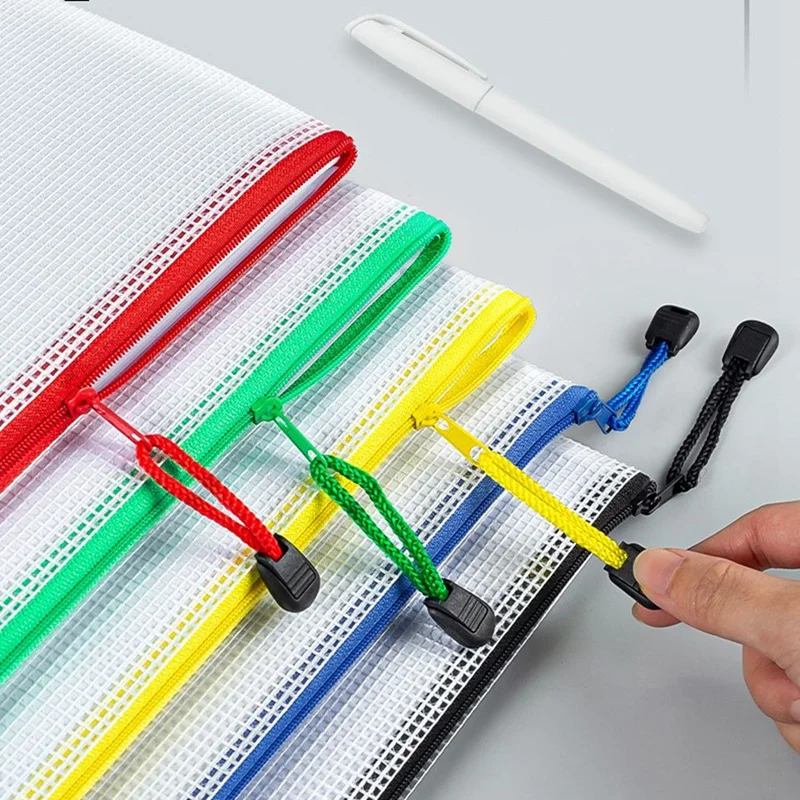 Mesh Zipper File Bolsas para Documento, Zipper Pouch, Pastas De Arquivo De Plástico, Tamanho Da Carta, Tamanho A4, Material De Escritório, 12Pcs