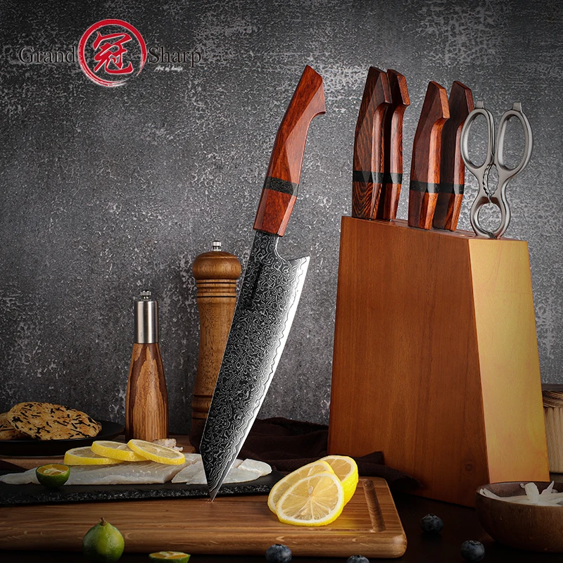Grandsharp pisau Kiritsuke 7.5 inci, pisau Damaskus 67 lapis, pisau baja pisau koki daging dapur dengan Sandal pegangan kayu