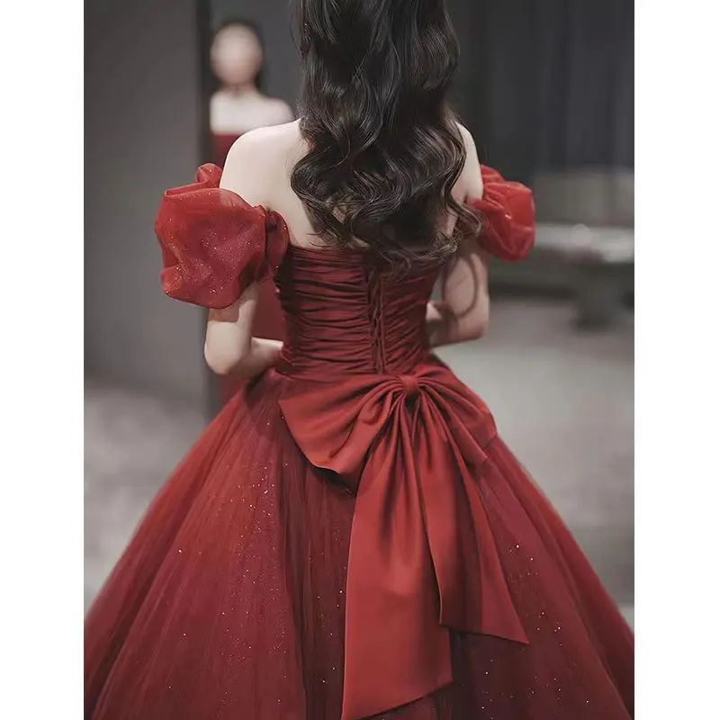 Burgundy Off Shoulder Prom Dresses Elegant Pleated Bowknot Princess Dress Vestidos Women Formal Floor-Length Evening Gowns