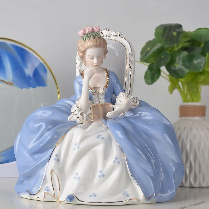 European Rococo Porcelain Reading Lady Figurine Gilded Ceramic Noble Woman Statue Home Desktop Decor Ornament Art Craft Gift