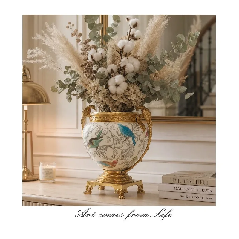 French light luxury high-end large-diameter porcelain vase flower arrangement household
