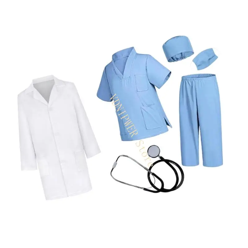 Kids Doctor Dress Up Costume 6 Piece Set Soft Cotton Pretend Play Outfit D08E