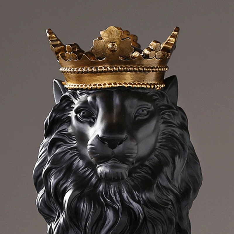 2 Pcs Crown Lion Statue Home Office Bar Male Lion Faith Resin Sculpture Crafts Animal Art Decor Ornaments, Gold & Black