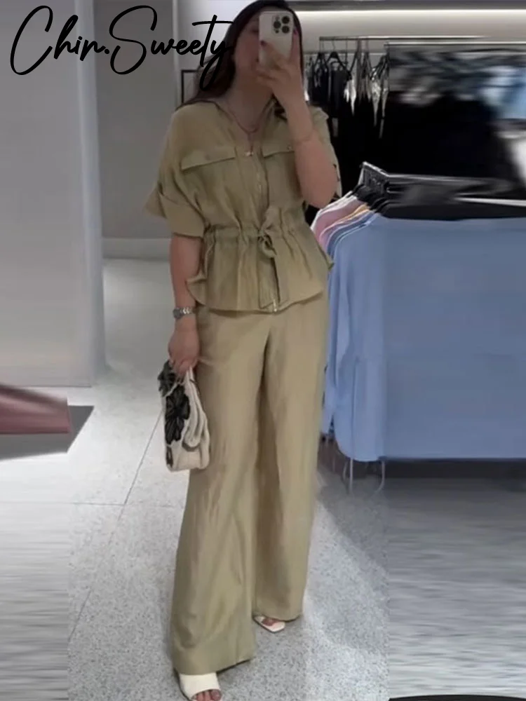 Casual Coat Pant Set Women Loose Zipper V-neck Lace Up Pleat Top Wide Leg Trousers Suit 2026 Spring Summer Lady Outfits New