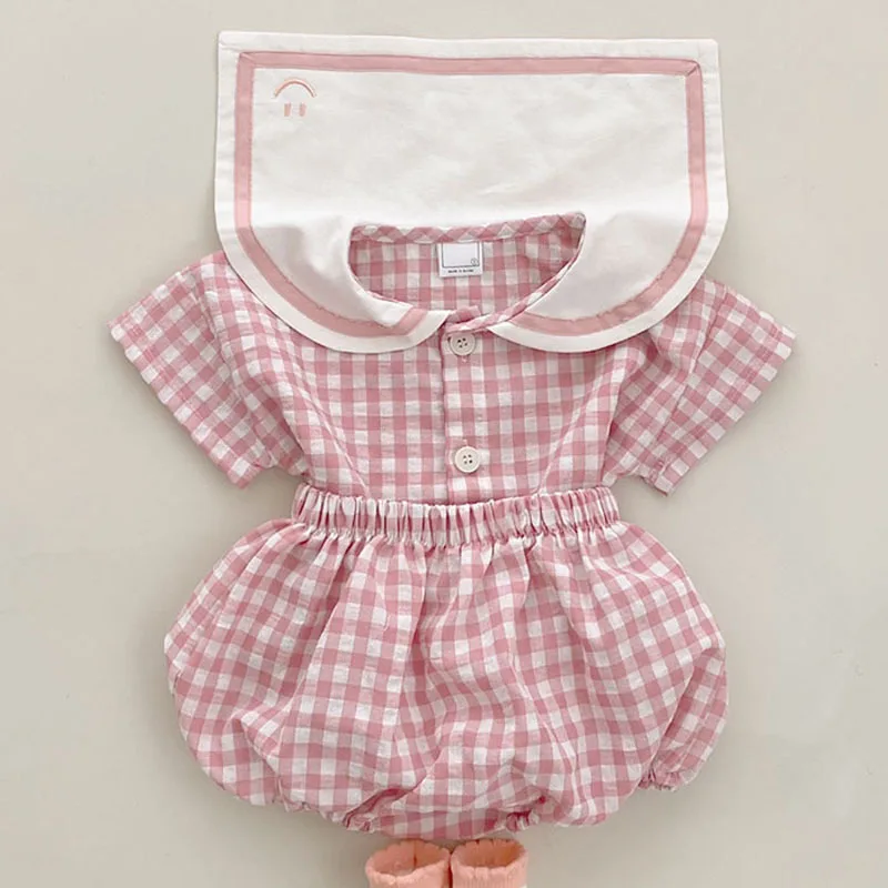 Baby Girl Clothes Set Infant Boy Short Sleevs T-shirt And Bread Shorts 2pcs Sets Toddler Unisex Cotton Plaid Tops+bloomer Suit