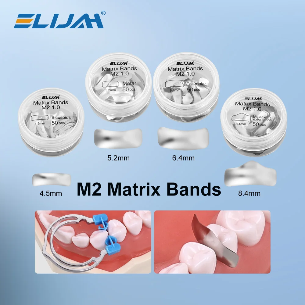 

ELIJAH 50Pcs/Box M4 Dental Matrix Bands 3.5/4.5/5.5/6.5mm Non-Stick Elastic Sectional Contoured Metal Matrices Dental Materials