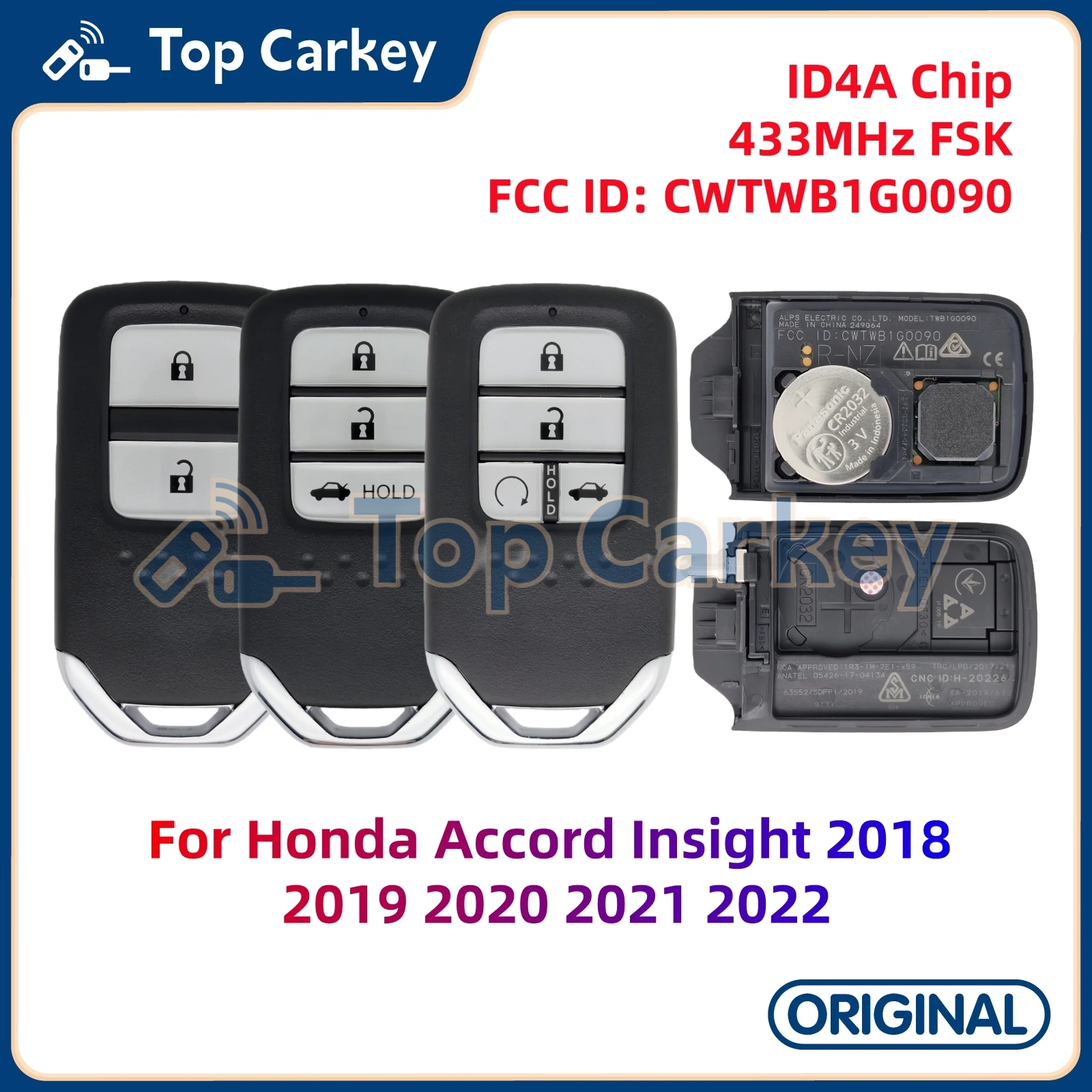 

TopCarkey FCC ID: CWTWB1G0090 Оригинальный чип Smart Key ID4A 433 МГц для Honda Accord Insight 2018 2019 2020 2021 2022