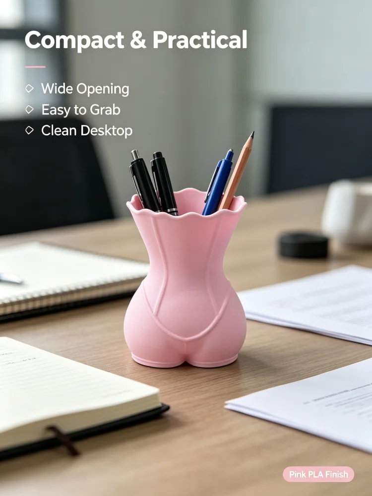 Pink Corset-Style Stationery Holder with 3D Printed Female Torso Design, Creative Desktop Storage Container with Pleated Edges, Wavy Edges, Wide Pleated Edges, Cup-Shaped Opening, Vintage Corset Details, Matte Pink Pla Material with a Matte Texture, Sweet and Cool Girl Aesthetic, Soft and Trendy College Style, Soft Girl Style Stationery Storage Container, Makeup Brush Storage Box, Desktop Accessories, Office Dormitory Study Room Vanity Storage, Student Desk Supplies, Compact and Easy to Access