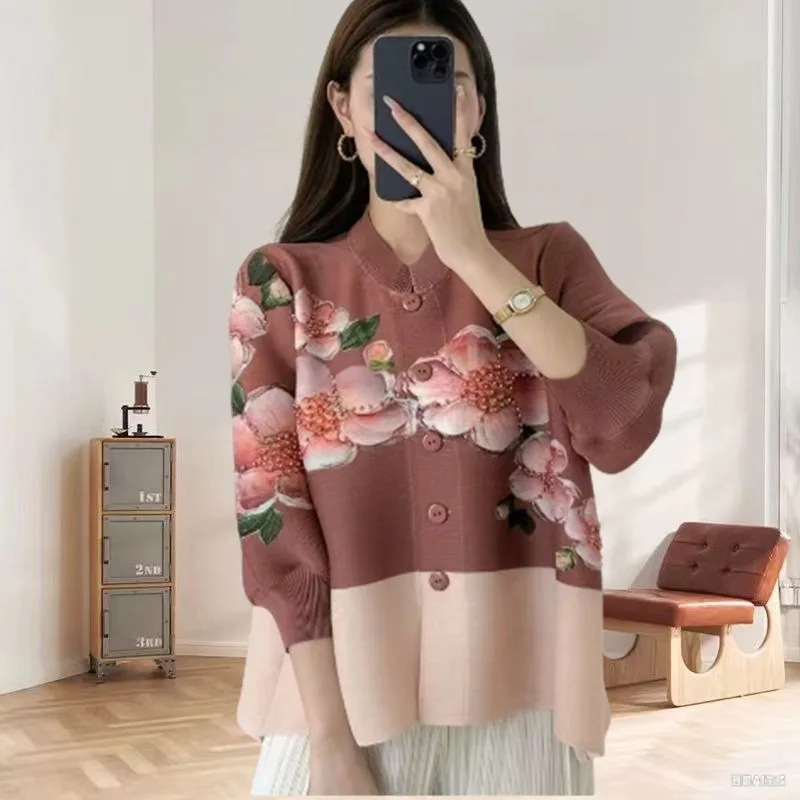 

Miyake Pleated Printed Patchwork Shirt 2025 Summer New Temperament Commuter Lantern Sleeve Casual Jacket Women Clothing