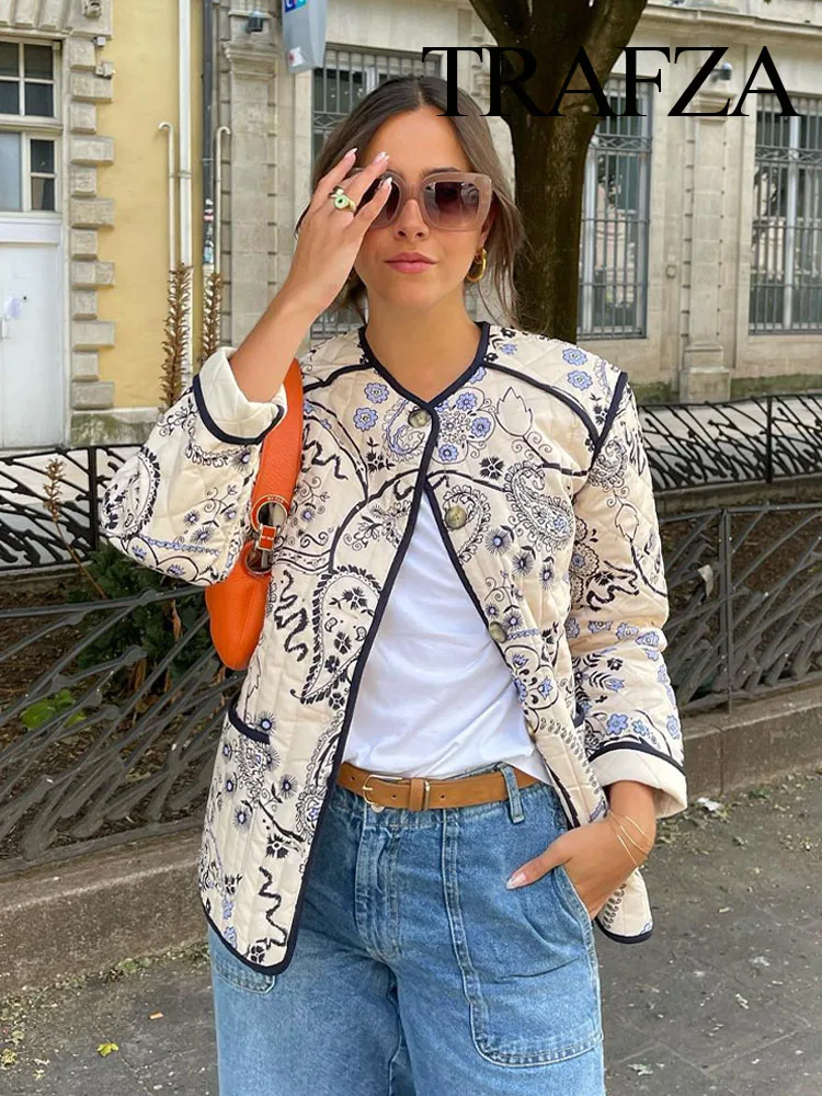 

TRAFZA Autumn Women Casual Vintage Patchwork Quilted Coats Floral Print Jacket O Neck Single Breasted Long Sleeve Jacket