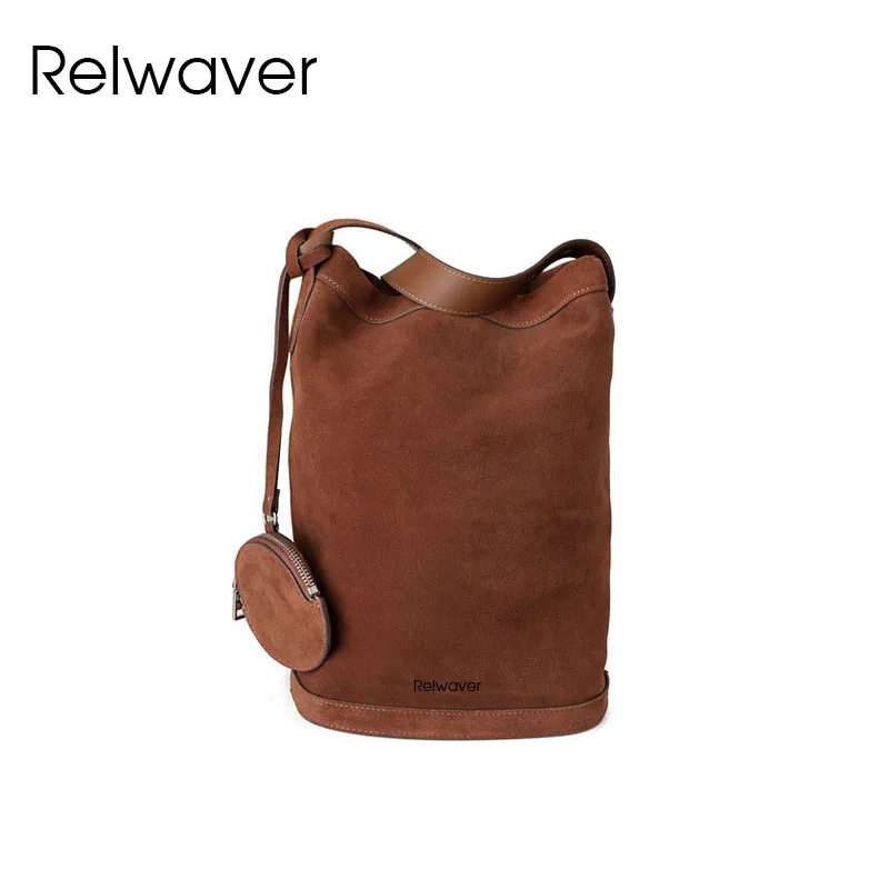 Relwaver suede cowhide bucket bag women shoulder bag 2025 spring summer chic crossbody bag fashion stylish women hag