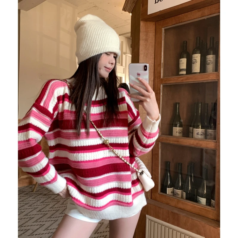 

Women Pink Sweater Stripe Korean Fashion Vintage Leisure Lazy Wind Loose Winter New Female Thicken Warm Knitting Pullover