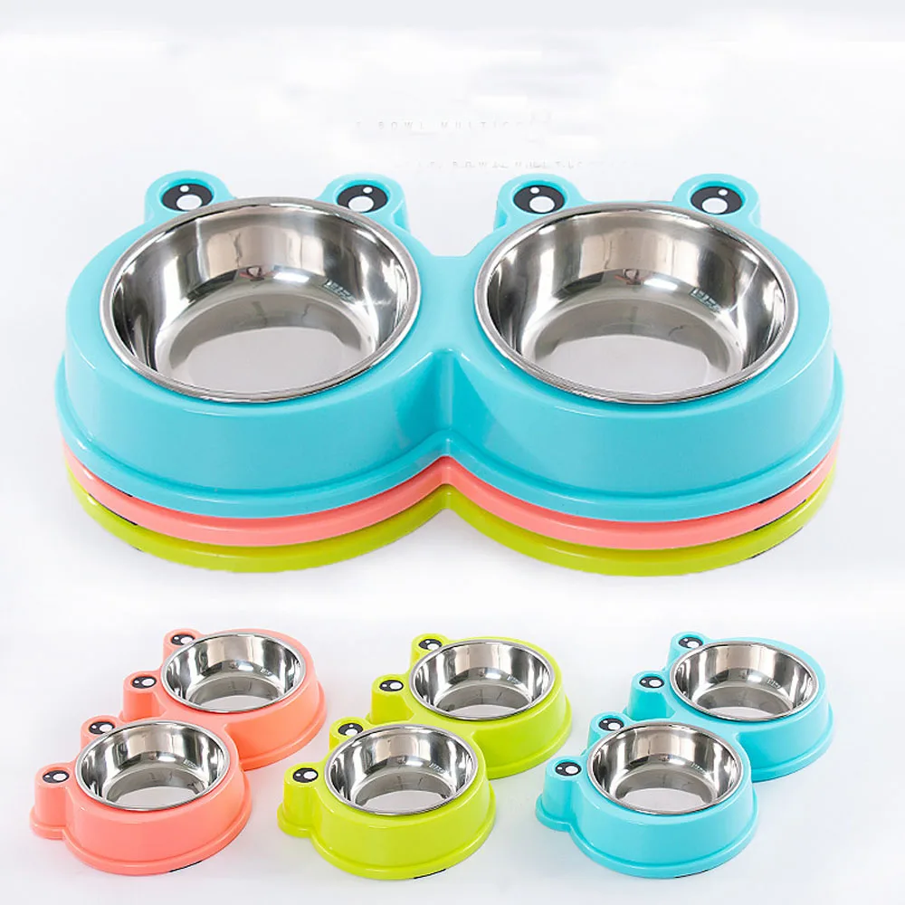 stainless steel material pet feeder for cat bowl and small-breed dog bowl with twin-bowl Non-slip pet food bowl