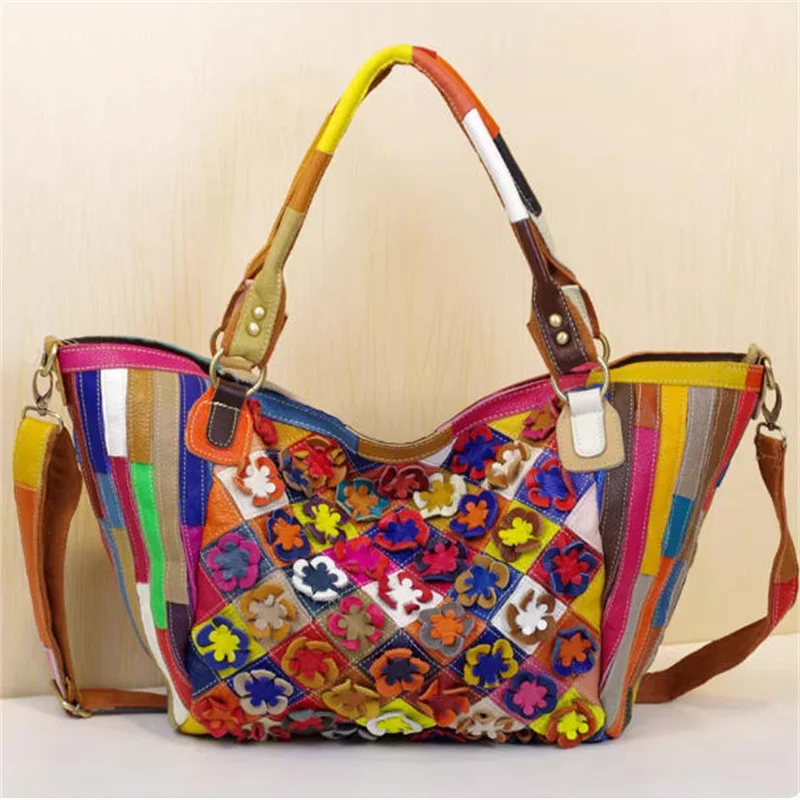 Leather cowhide casual flower patchwork crossbody bag, large capacity dumpling bag, single shoulder bag