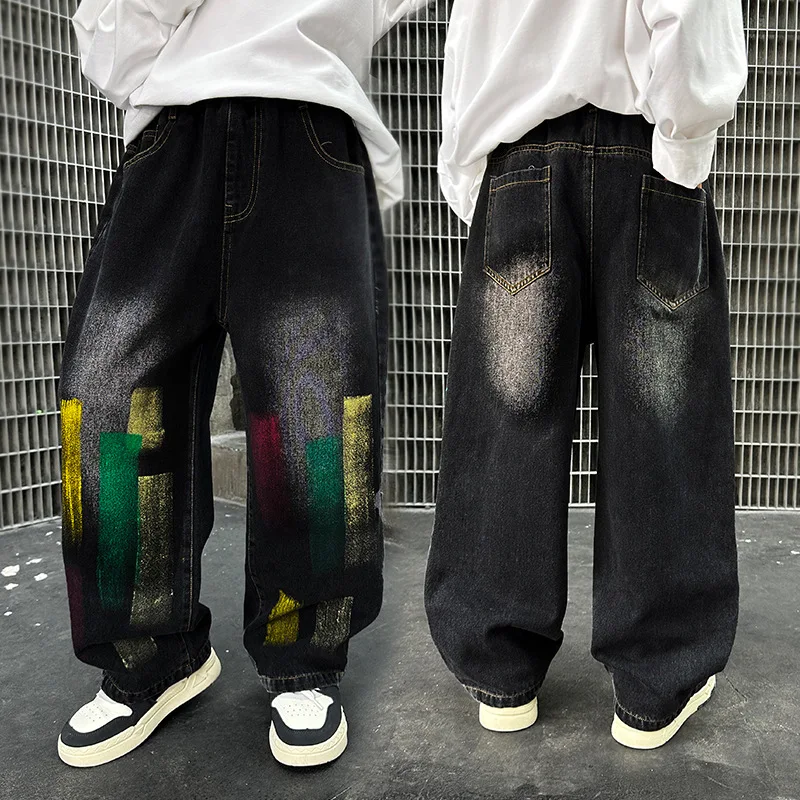 Kids Black Jeans Spring and Autumn Graffiti Paint Children's Straight Pants Loose Boys' Trousers Teenagers Wide-Leg Pants 4-15Y