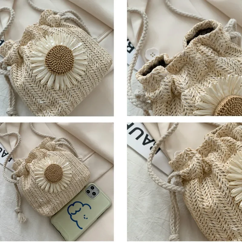 

Women's Bag Summer Beach Grass Bag Classic Texture Sunflower Drawstring Woven Bucket Cross Shoulder Messenger Backpack Сумка