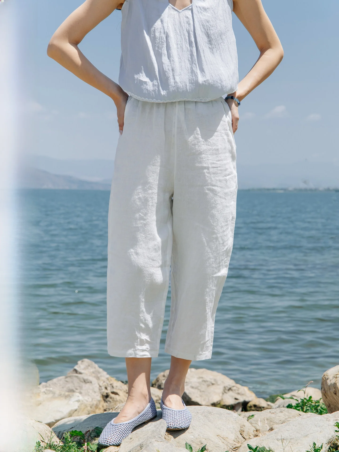 

Blue Series Pure Linen Slim Fit Casual Pants High Waist Straight Leg Lengthened Eighteen Inches Women's Summer Fashion