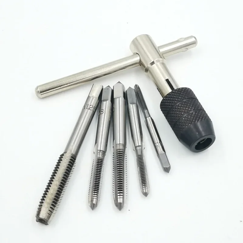 Pemegang Tap Ratchet 6 buah/set, mesin M3-M8, kunci pas dengan ulir sekrup dapat disesuaikan, pegangan T multifungsi metrik colokan ketukan