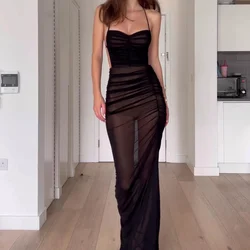 Sexy See-through Mesh Long Dress High Split Halter Pleated Maxi Dresses Prom Party Vestidos Women Backless Outfit Beach Sundress