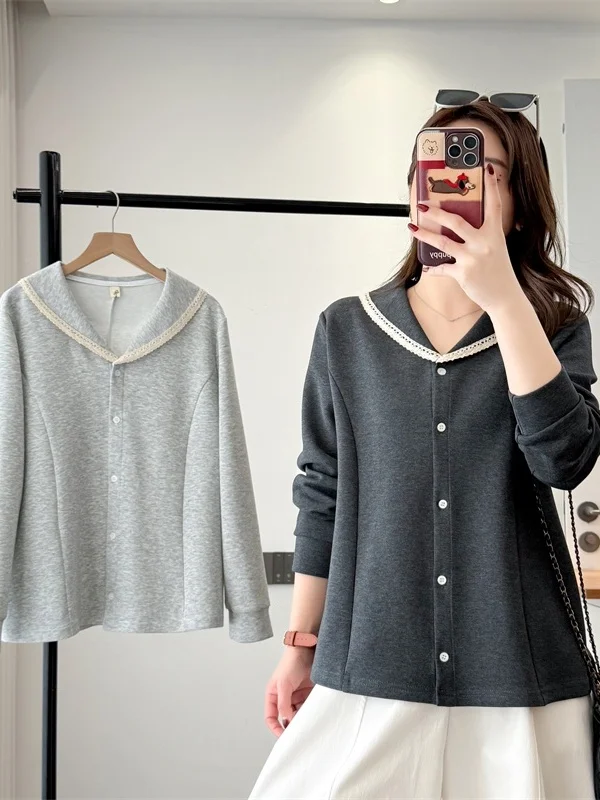 Loose Long Sleeve Navy Collar Open Cardigan Sweatshirt Women's plus Size Base Layer Shirt Outerwear Spring 2026 Casual Style