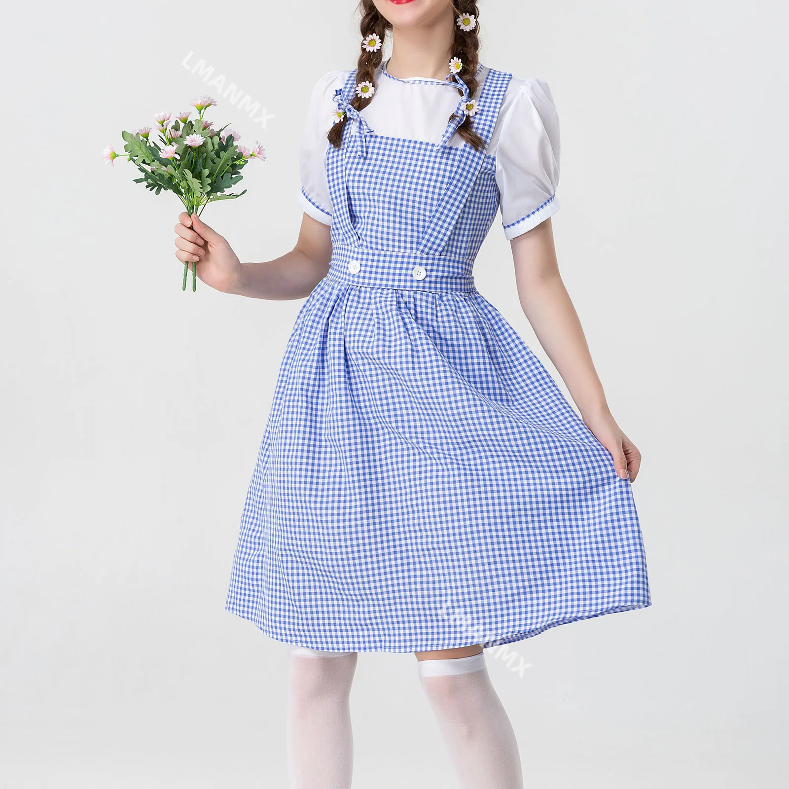 Women Plaid Print Short Sleeve Cosplay Medieval Dress Dress Causal Costumes Dress Preppy Style Blue And White Plaid Dresses