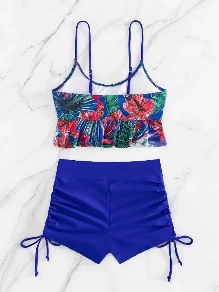 Bikini con tiras 2025, traje de baño de cintura alta para mujer, pantalones cortos con volantes y estampado de flores, traje de baño para mujer, ropa de playa