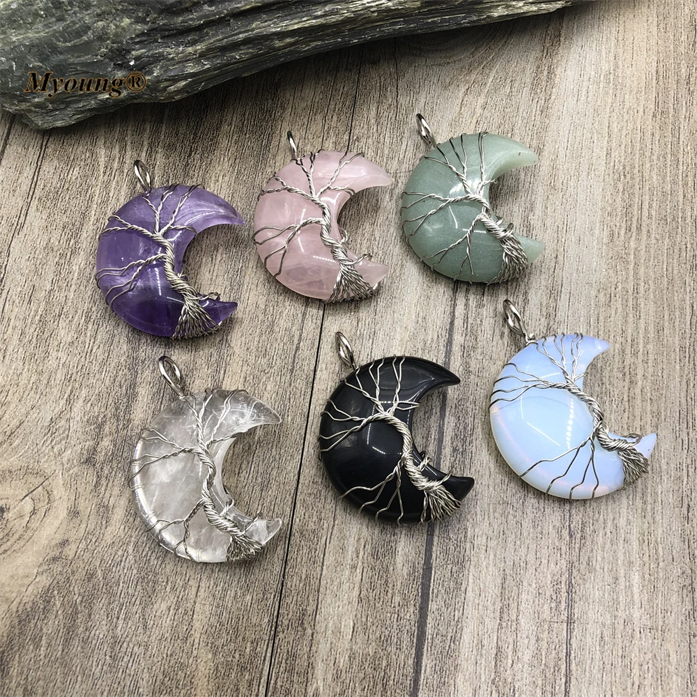 Wire Wrap Tree of Life Crescent Moon Shape Natural Healing Rose Crystal Quartz Amethysts Reiki Gems Stone Necklace Pendant image 3