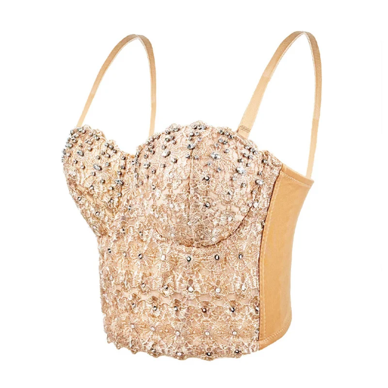 Lace camisole top with rhinestones and beads, short sexy belly dance tight-fitting shapewear corset