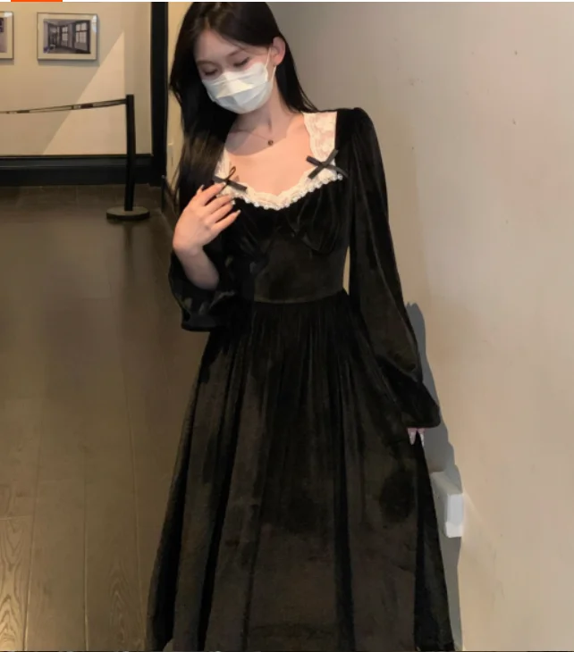 Abito autunnale in velluto da principessa di corte francese di grandi dimensioni a vita alta a trapezio versatile riduzione dell'età eleganti abiti neri a maniche lunghe