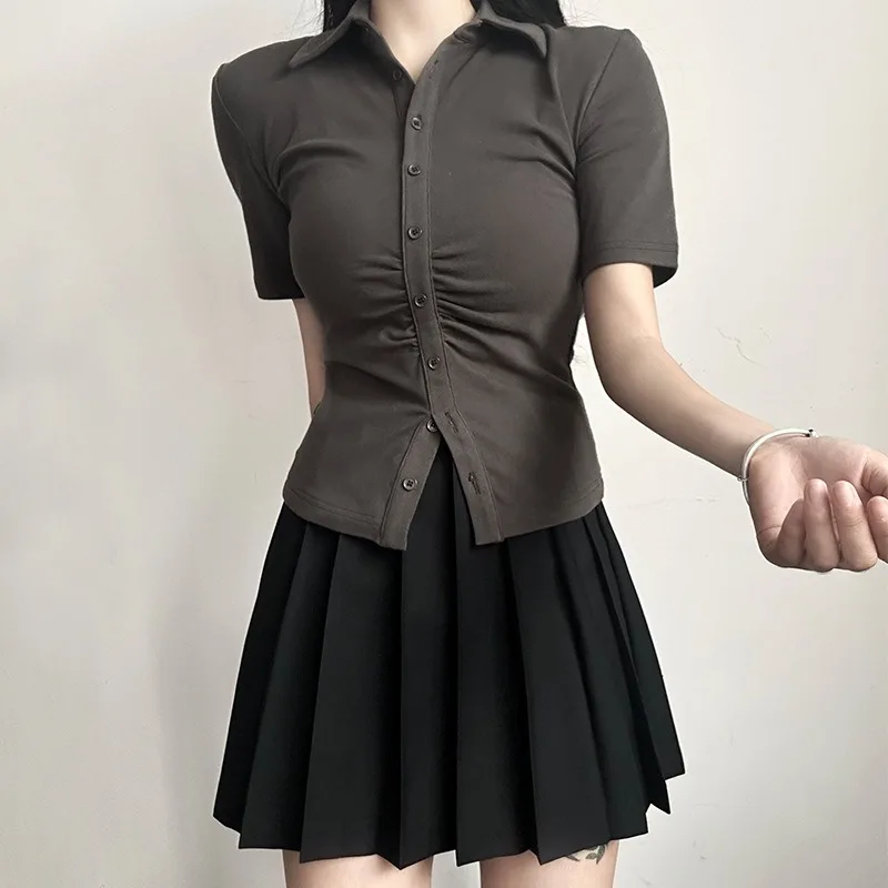 2023Pure Lust Style JK Waist Shirt Female Sexy Long Sleeve Short Sleeve Grey Shirt Design Sensible Spicy Girl Slim Top Spring