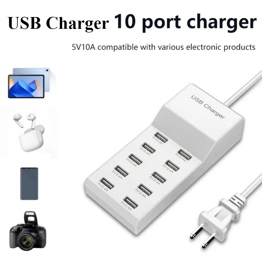 10 Port USB Charging Station 50W 10A Multi Ports USB C Hub Charger for iPhone Cellphone Tablet Multiple Devices Extension Socket