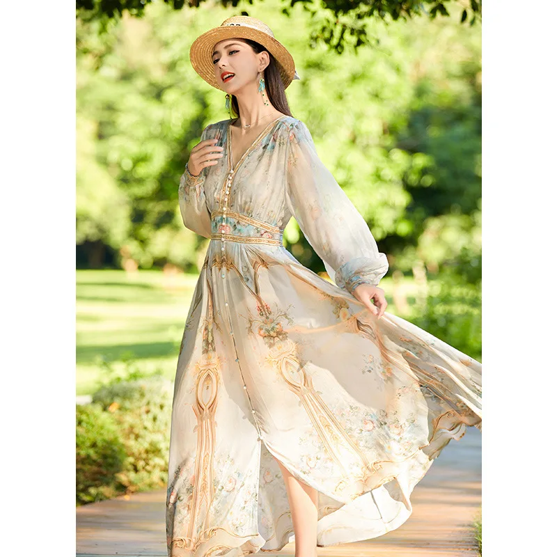 BirdTree, 100%Real Silk Elegant Dress, Women Puff Sleeve V Neck Print, French Vintage Party Dresses, 2024 Summer Fall D47717QC