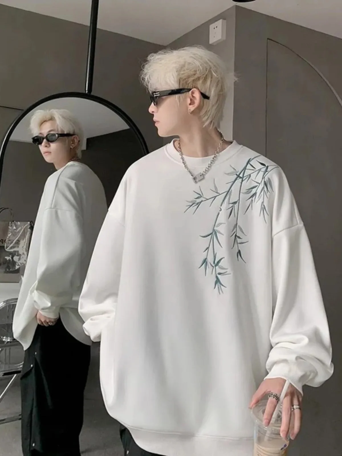 

Осенне-зимняя мужская толстовка оверсайз (до 136 кг) с бамбуковым принтом, плотная, повседневная, свободного кроя, для пар