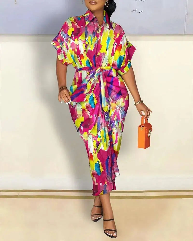 قميص نسائي صيفي بأكمام قصيرة وأزرار سفلية وطية صدر السترة فساتين مطبوعة موضة فضفاضة للعطلات والحفلات المسائية 2025 فيستدوس #5