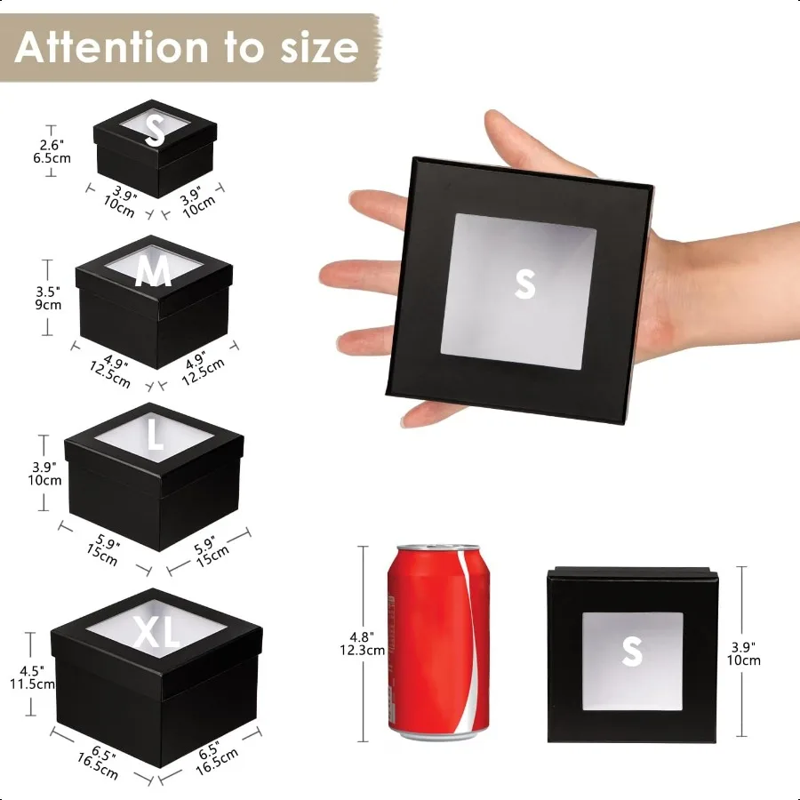 Scatole regalo quadrate con coperchi per regali Piccola confezione regalo nera con finestra trasparente Scatole per nidificazione Set di 4 fioriera per organizzare