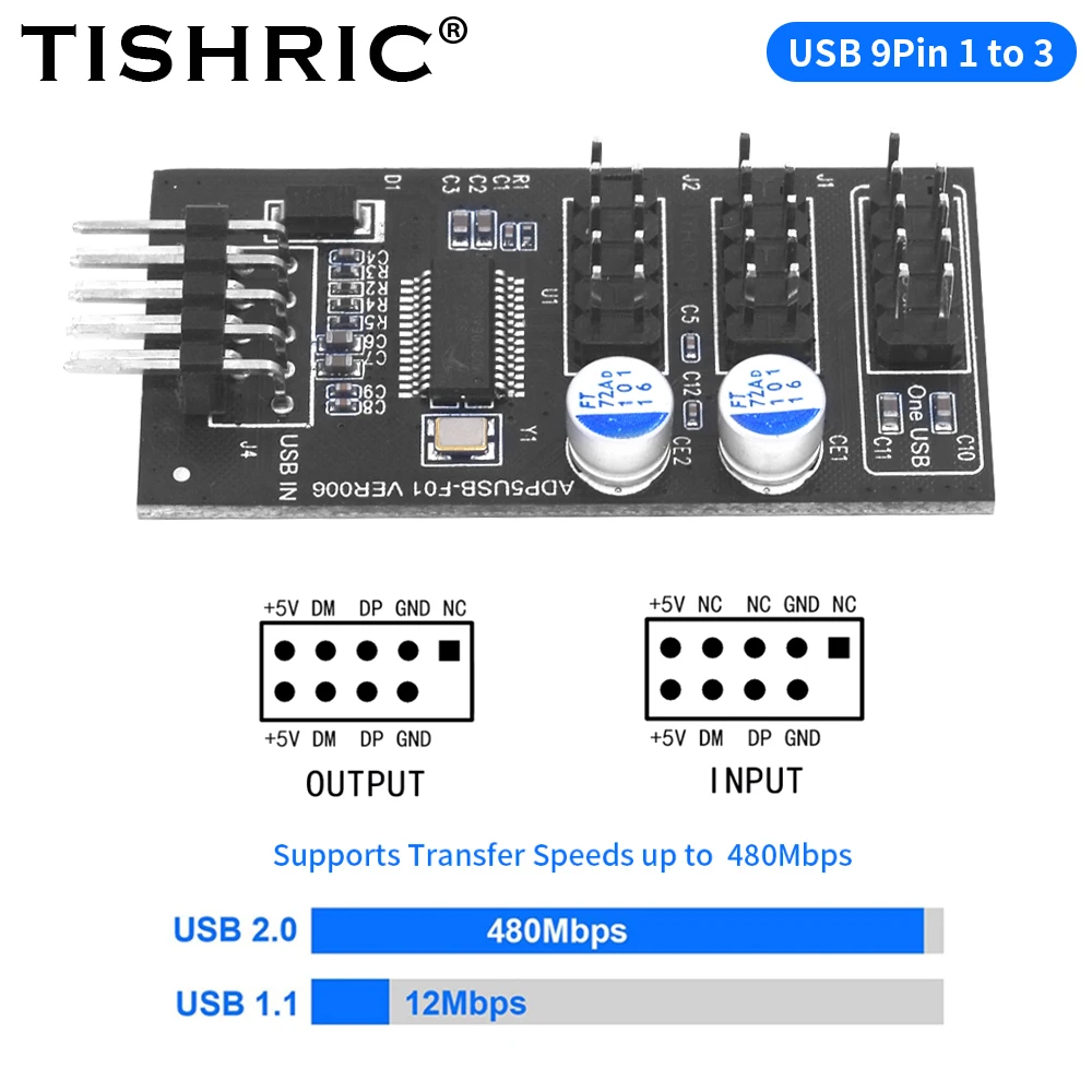 TISHIRC USB 9Pin محول 1 إلى 3 USB موزع 1 إلى 3 USB لوح رأس 9Pin لاختبار سرعة المروحة تبريد المياه لـ RGB LED