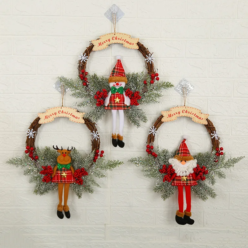 Christmas Wreath Rattan Wreath with Santa Claus Snowman Elk Doll Ornament Christmas Door Wall Hanging Wreath New Year Decoration