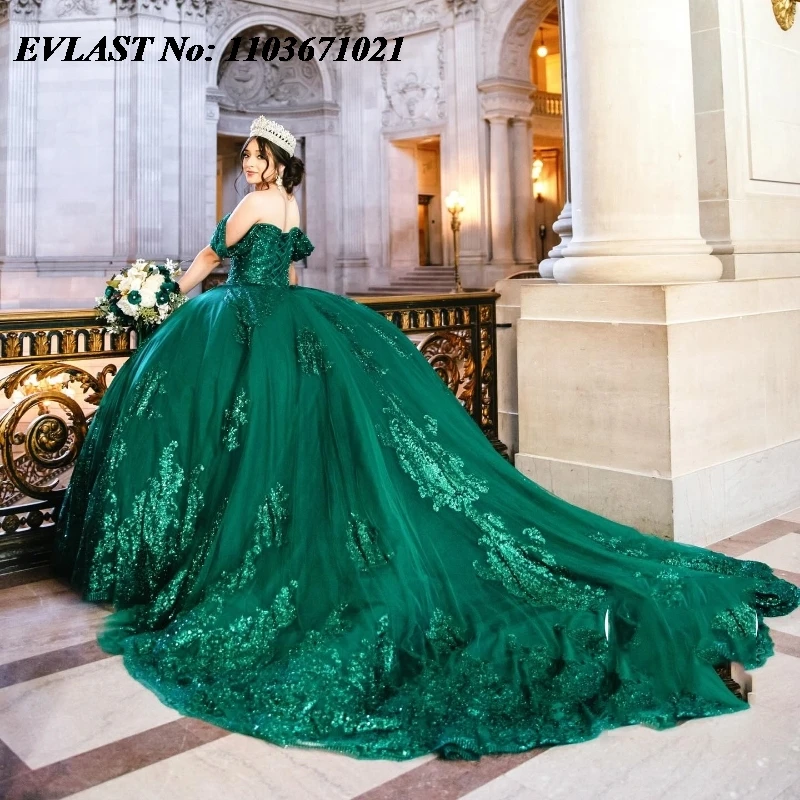 EVLAST Glitter Dark Green Quinnceanera Dress Ball Gown Shiny Applique Beaded Mexican Corset Sweet 16 Vestidos De 15 Anos SQ546