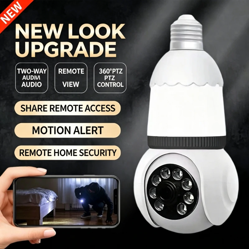HD WiFi Bulb Surveillance Camera E27 Socket 355° Pan 90° Tilt PTZ Camera, Motion Tracking Alarm, Two Way Talk, Remote Live View