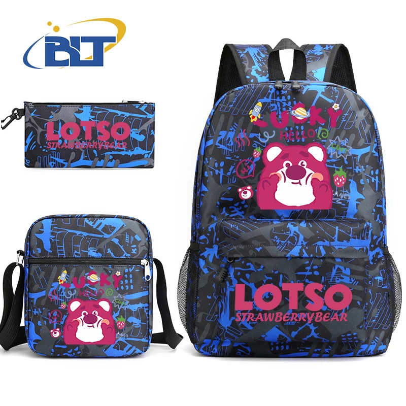 Loso bear printed student school bag set youth backpack shoulder bag pencil case 3-piece set suitable for kids